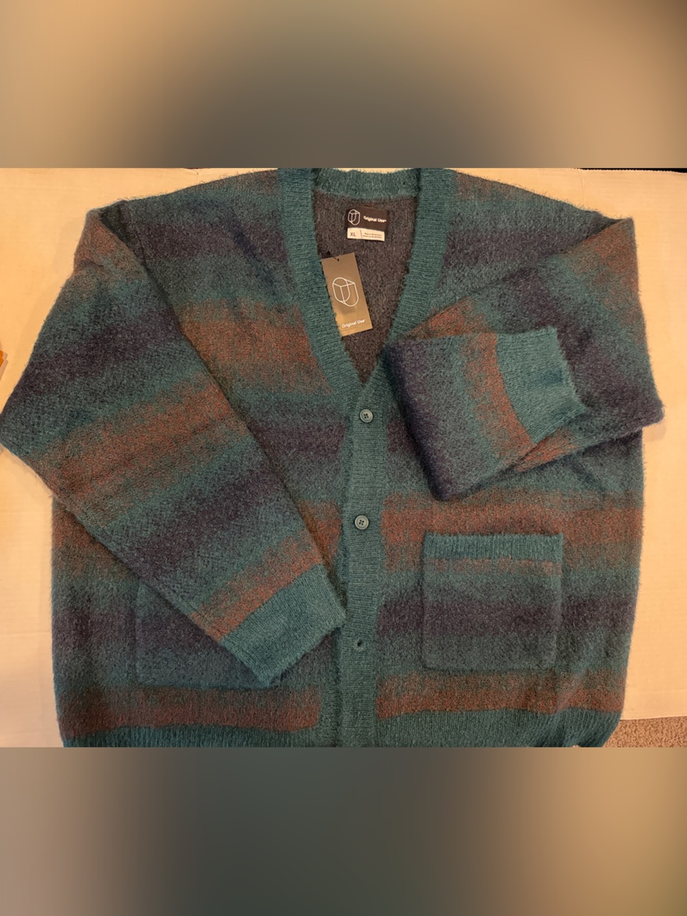 Target Men's Teal and Brown Striped Knit Cardigan